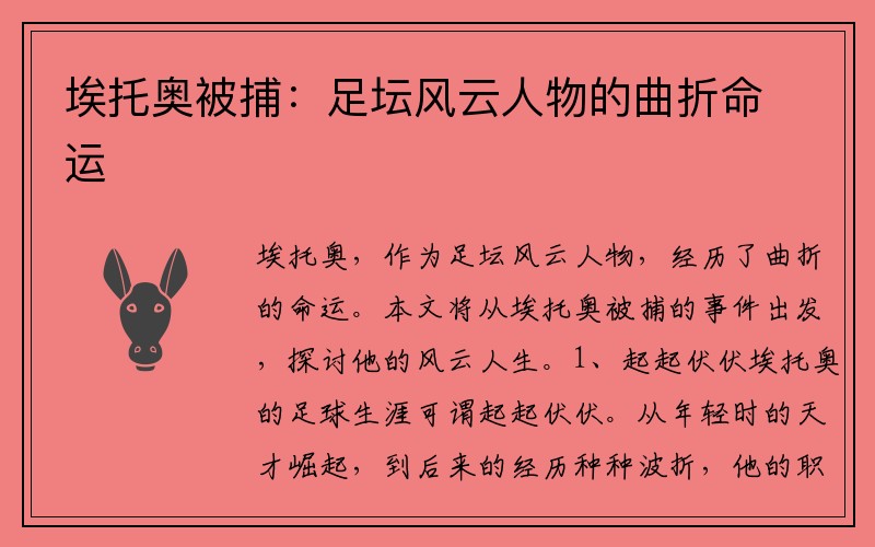 埃托奥被捕：足坛风云人物的曲折命运