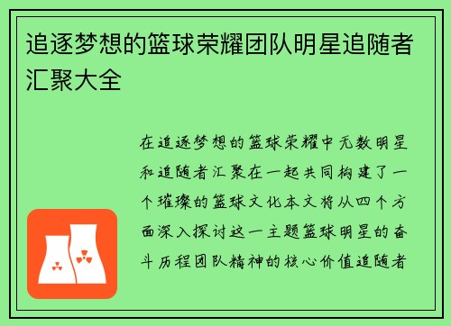追逐梦想的篮球荣耀团队明星追随者汇聚大全