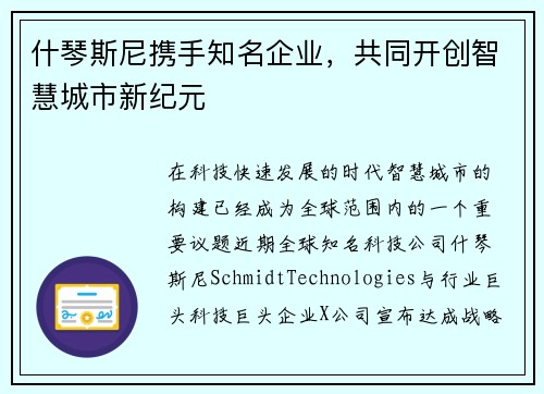 什琴斯尼携手知名企业，共同开创智慧城市新纪元